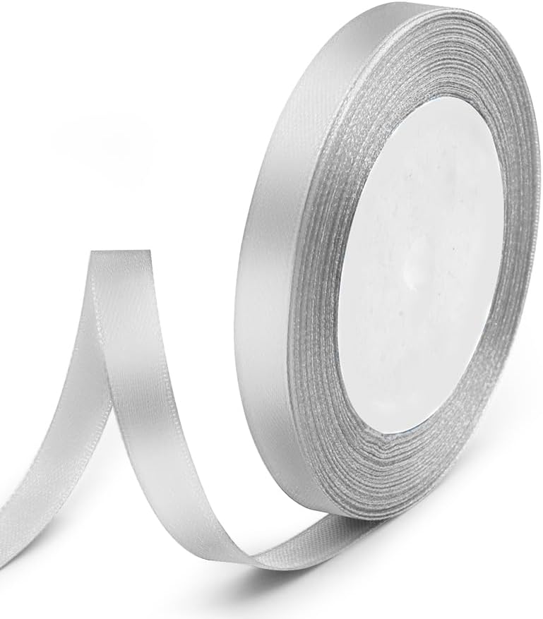 3/8" x 25 Yards Satin Ribbon, Silver Silk Ribbon Ideal for Gift Wrapping, Floral Bouquets, Crafts, Wedding Party Decorations, Christmas and Sewing Projects