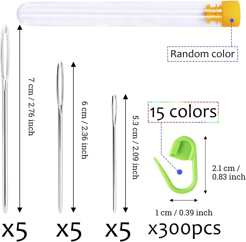 LUNARM 315 Pieces Stitch Markers for Crocheting, Stitch Locking Clip Colorful Knitting Markers Crochet Clips with 15 Pieces Big Eyes Blunt Sewing Needles (2inch/2.3inch/2.7inch)