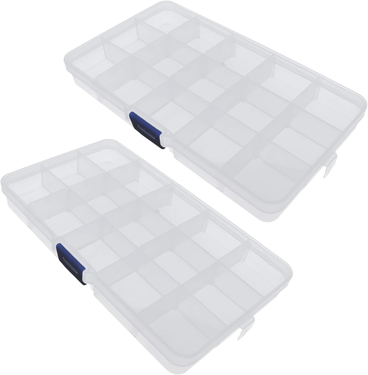 Xiaoyztan Clear Plastic Organizer, 15 Small Grids with Adjustable Dividers, Jewelry Box Bead Storage Container for Small Parts, Fishing Tackle, DIY Crafts, and Earrings, 2Pcs