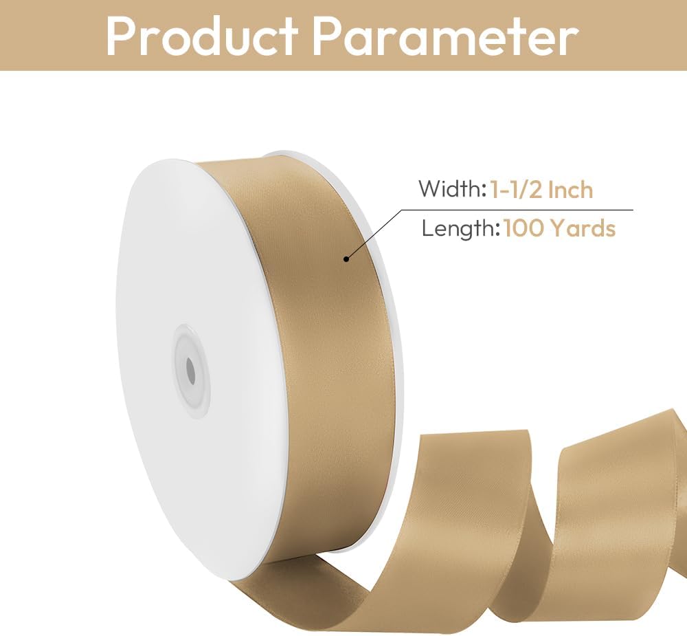 1-1/2" Width x 100 Yards Satin Ribbon, Champagne Gold Ribbon Perfect for DIY Craft, Bows, Gift Wrapping, Flower Bouquet, Valentine's Day, Christmas and Party Decoration