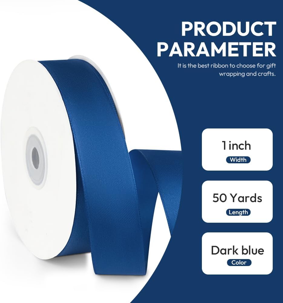 1" x 50 Yards Satin Ribbon - Navy Blue Silk Ribbon with Spool - Ideal for Gift Wrapping, Floral Bouquets, Crafts, Wedding Party Decorations, Christmas and Sewing Projects