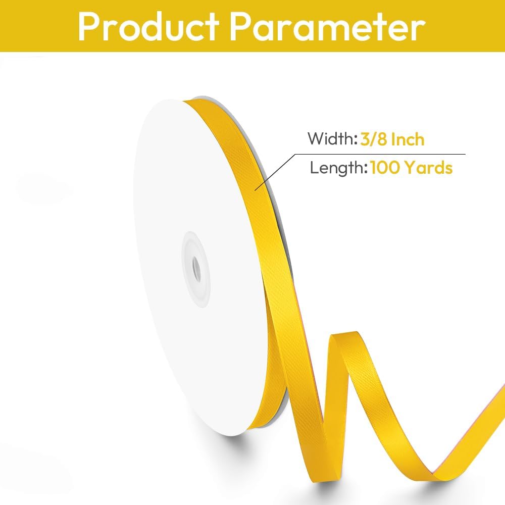 3/8" Width x 100 Yards Satin Ribbon, Small Yellow Ribbon Perfect for DIY Craft, Bows, Gift Wrapping, Flower Bouquet, Valentine's Day, Christmas and Party Decoration