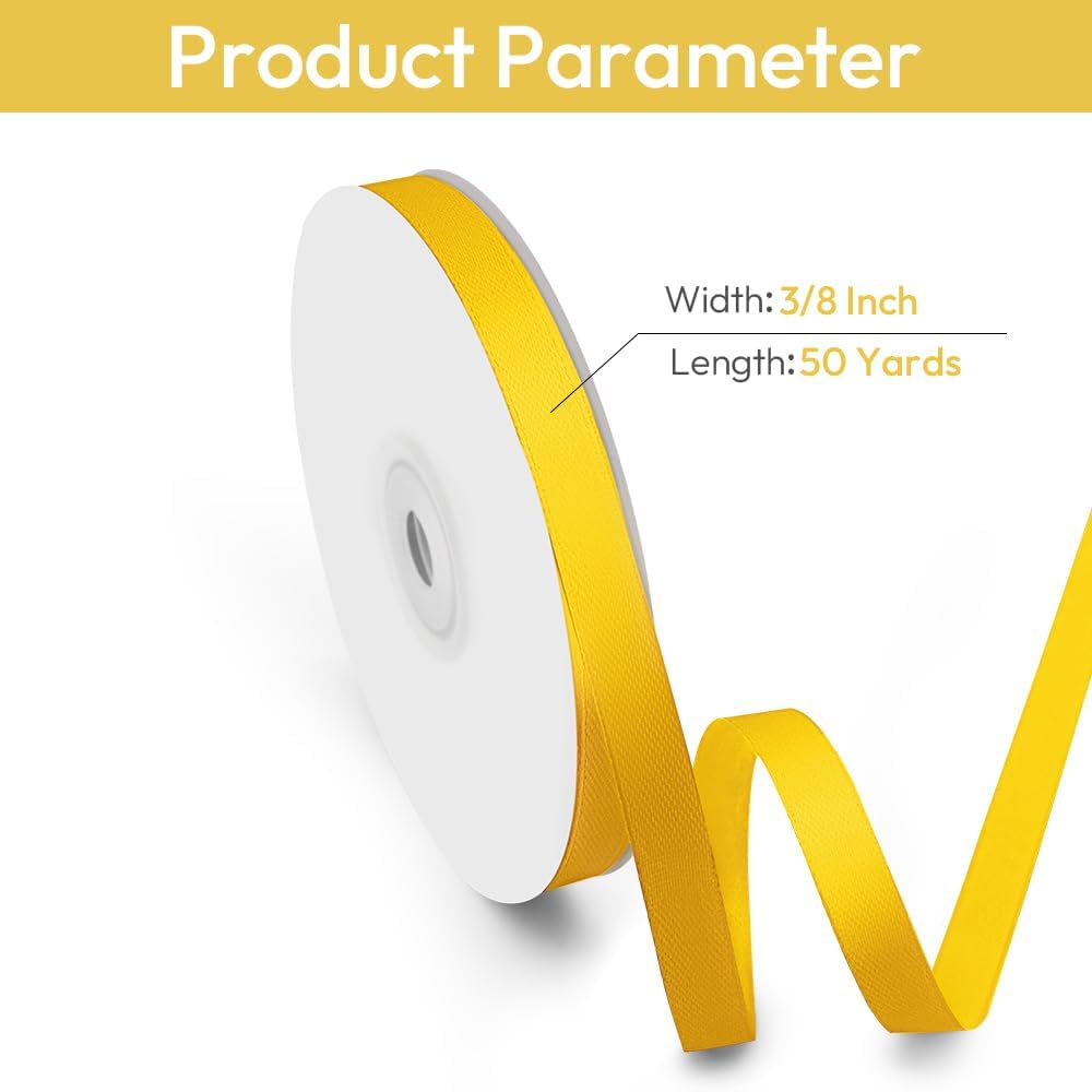 3/8" Width x 50 Yards Satin Fabric Ribbon, Yellow Ribbon Perfect for DIY Bows, Swags, Gift Wrapping, Craft, Flower Bouquet，Christmas and Party Decoration
