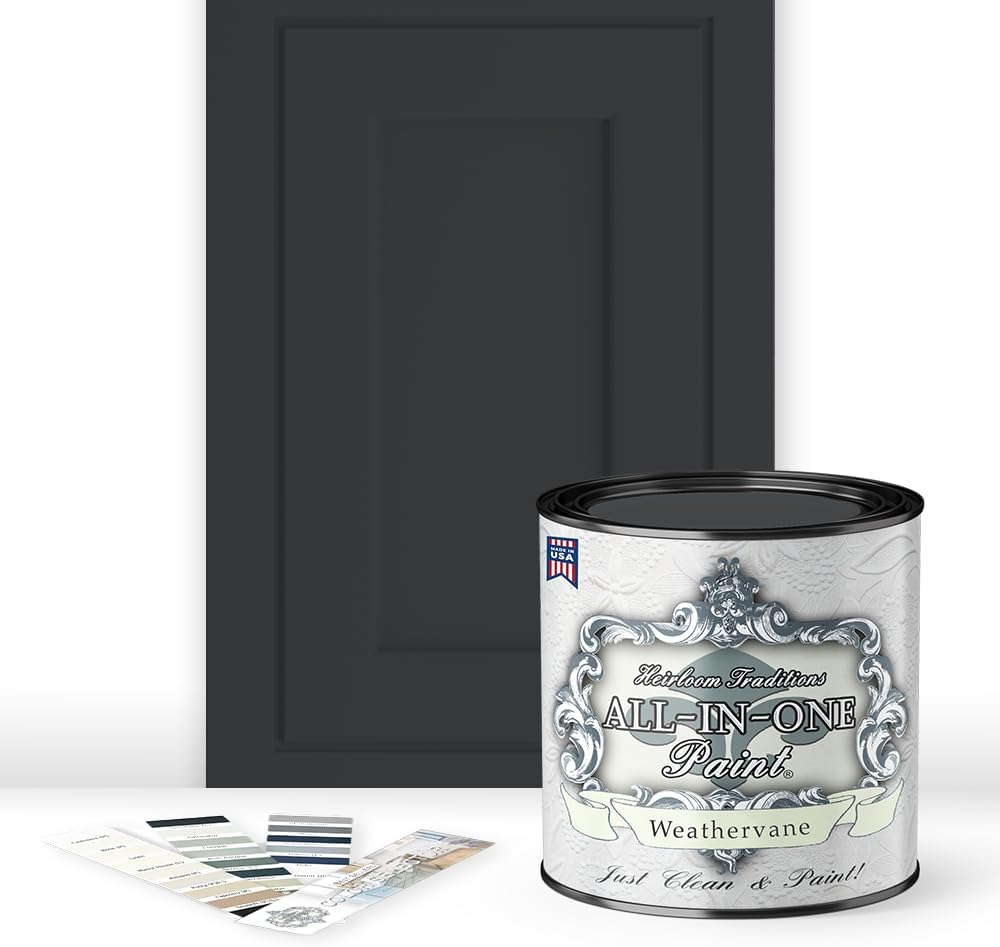 ALL-IN-ONE Paint, Durable cabinet and furniture paint. Built in primer and top coat, no sanding needed. Includes our 30 featured color card - Weathervane (charcoal), Quart