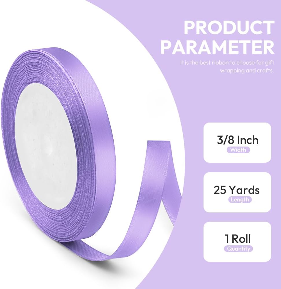 3/8" x 25 Yards Satin Ribbon, Light Purple Silk Ribbon Ideal for Gift Wrapping, Floral Bouquets, Crafts, Wedding Party Decorations, Christmas and Sewing Projects