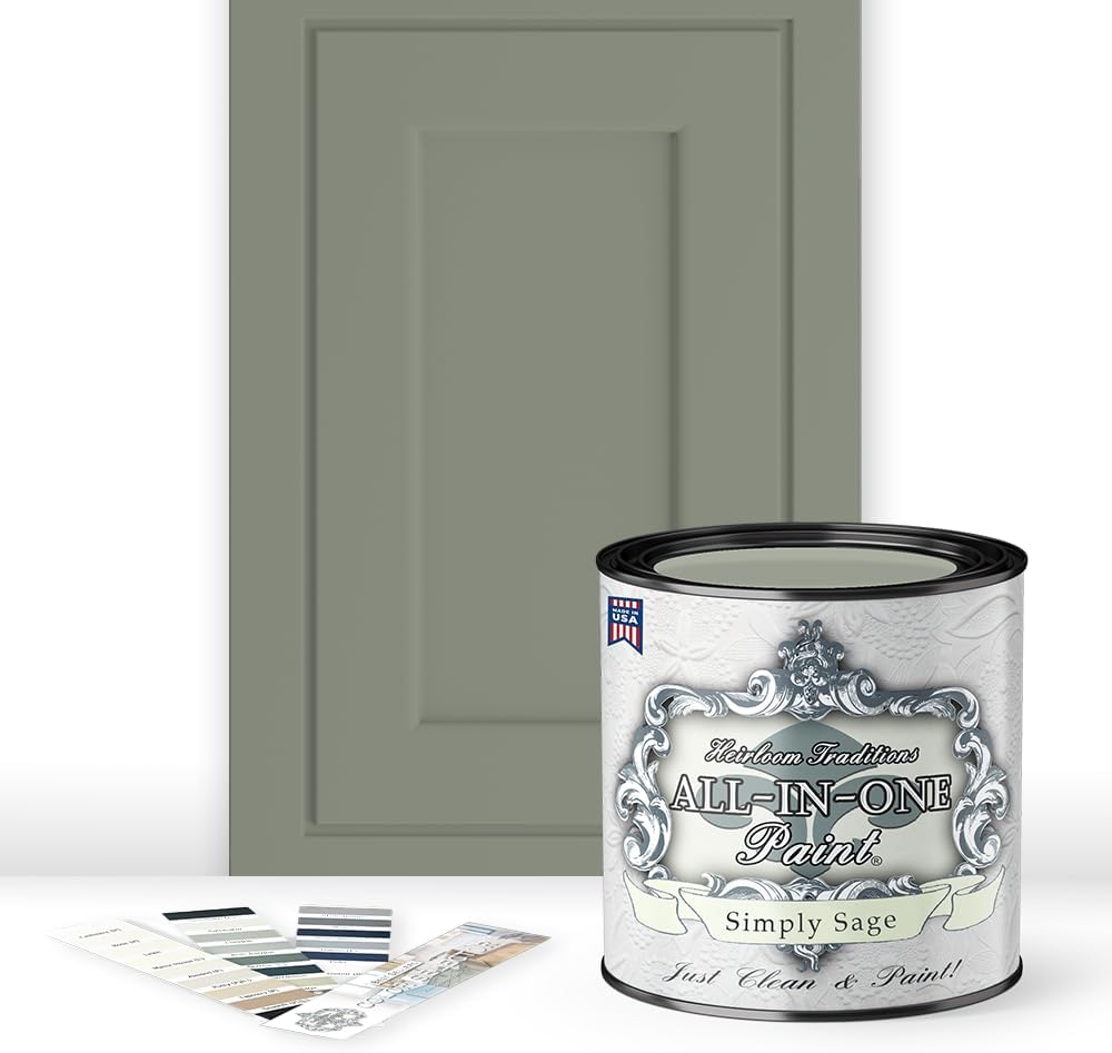 ALL-IN-ONE Paint, Durable cabinet and furniture paint. Built in primer and top coat, no sanding needed. Includes our 30 featured color card - Simply Sage (gray green), Quart
