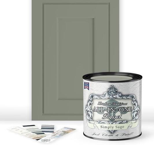 ALL-IN-ONE Paint, Durable cabinet and furniture paint. Built in primer and top coat, no sanding needed. Includes our 30 featured color card - Simply Sage (gray green), Quart