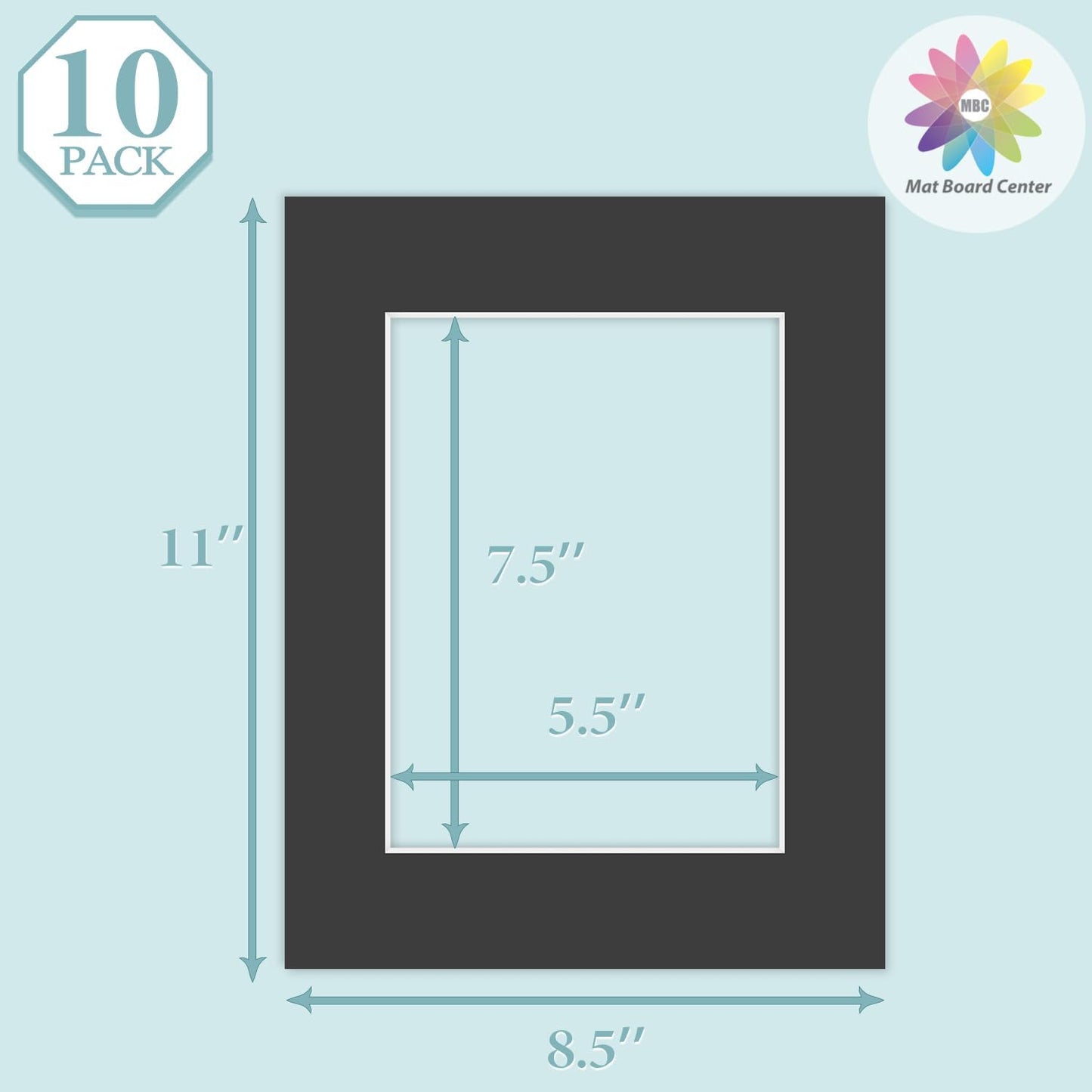 MBC MAT BOARD CENTER, 10 Pack 8.5X11 for 6X8 Black Picture Mats Frame Mattes, Bevel Cut, Acid Free, 4-Ply Thickness