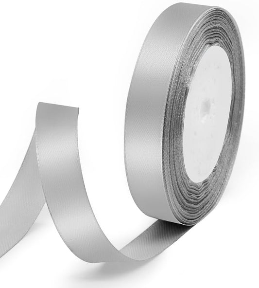 5/8" x 25 Yards Satin Ribbon, Silver Silk Ribbon Ideal for Gift Wrapping, Floral Bouquets, Crafts, Wedding Party Decorations, Christmas and Sewing Projects