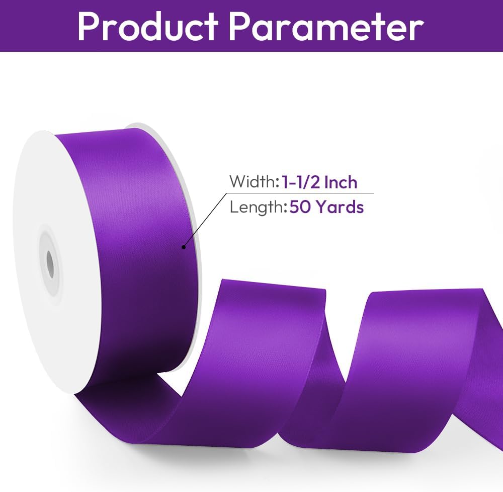 1-1/2" Width x 50 Yards Satin Fabric Ribbon, Purple Ribbon Perfect for DIY Bows, Swags, Gift Wrapping, Craft, Flower Bouquet，Christmas and Halloween Party Decoration