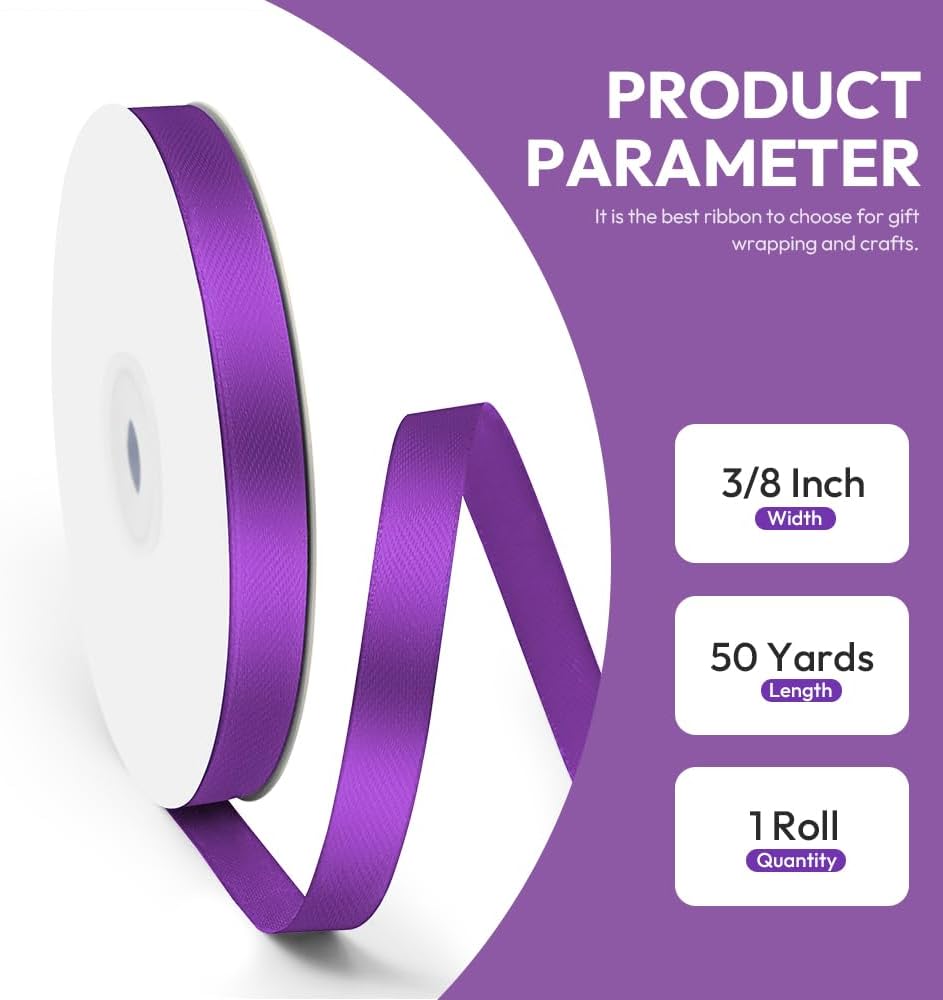 3/8" x 50 Yards Satin Ribbon - Purple Silk Ribbon with Spool - Ideal for Gift Wrapping, Floral Bouquets, Crafts, Wedding Party Decorations, Christmas and Sewing Projects
