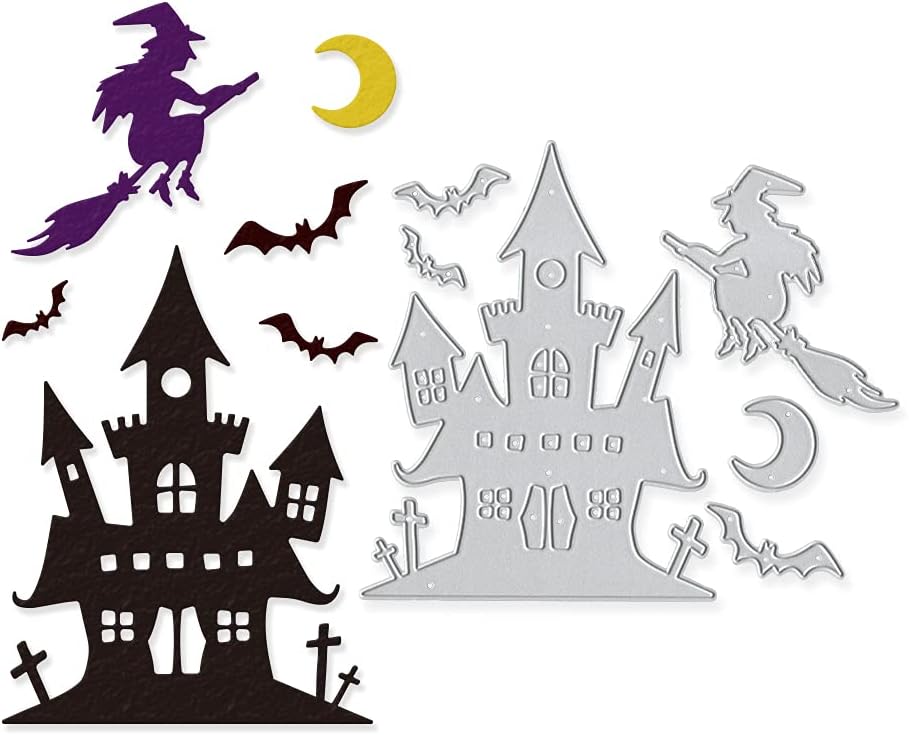 Metal Die Cuts Halloween Castle Witch Bat Cutting Dies Embossing Stencil Template for Card Making Scrapbooking Paper Craft Album Stamps DIY Decor