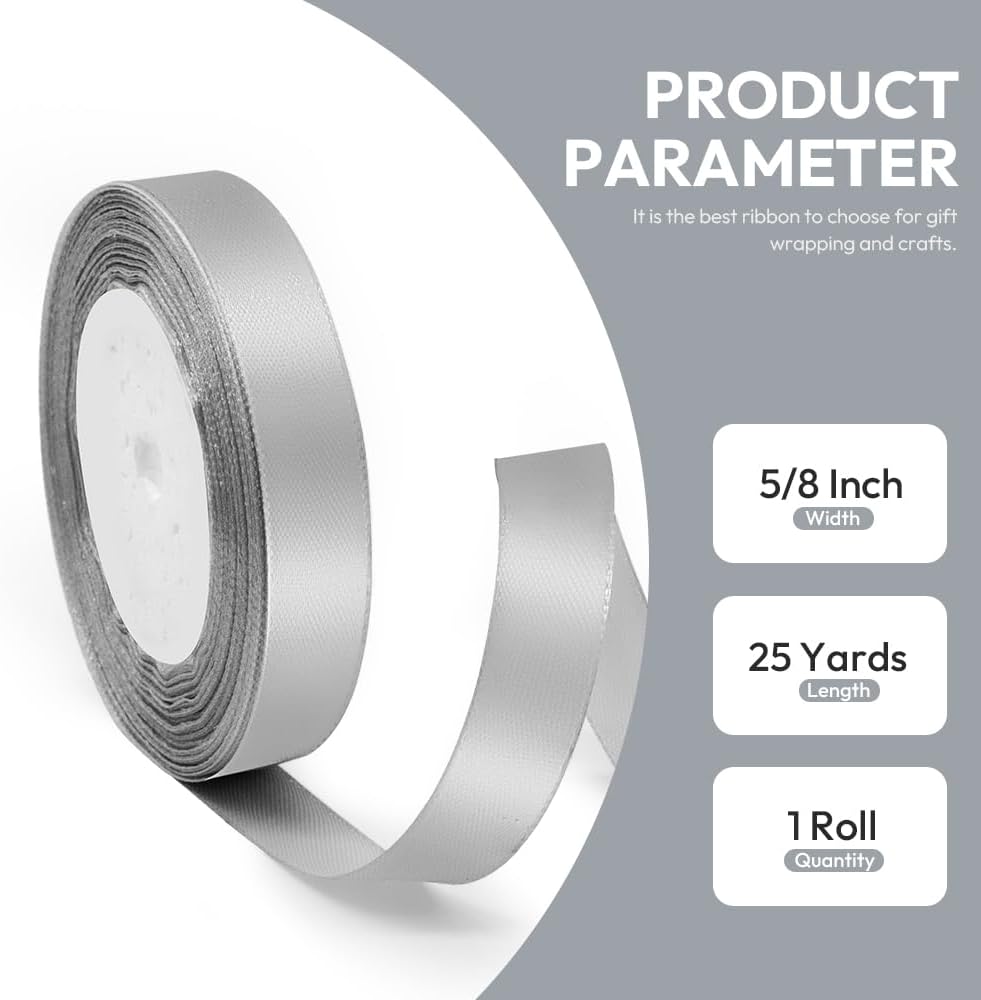 5/8" x 25 Yards Satin Ribbon, Silver Silk Ribbon Ideal for Gift Wrapping, Floral Bouquets, Crafts, Wedding Party Decorations, Christmas and Sewing Projects