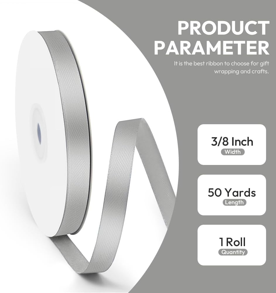 3/8" x 50 Yards Satin Ribbon - Silver Silk Ribbon with Spool - Ideal for Gift Wrapping, Floral Bouquets, Crafts, Wedding Party Decorations, Christmas and Sewing Projects