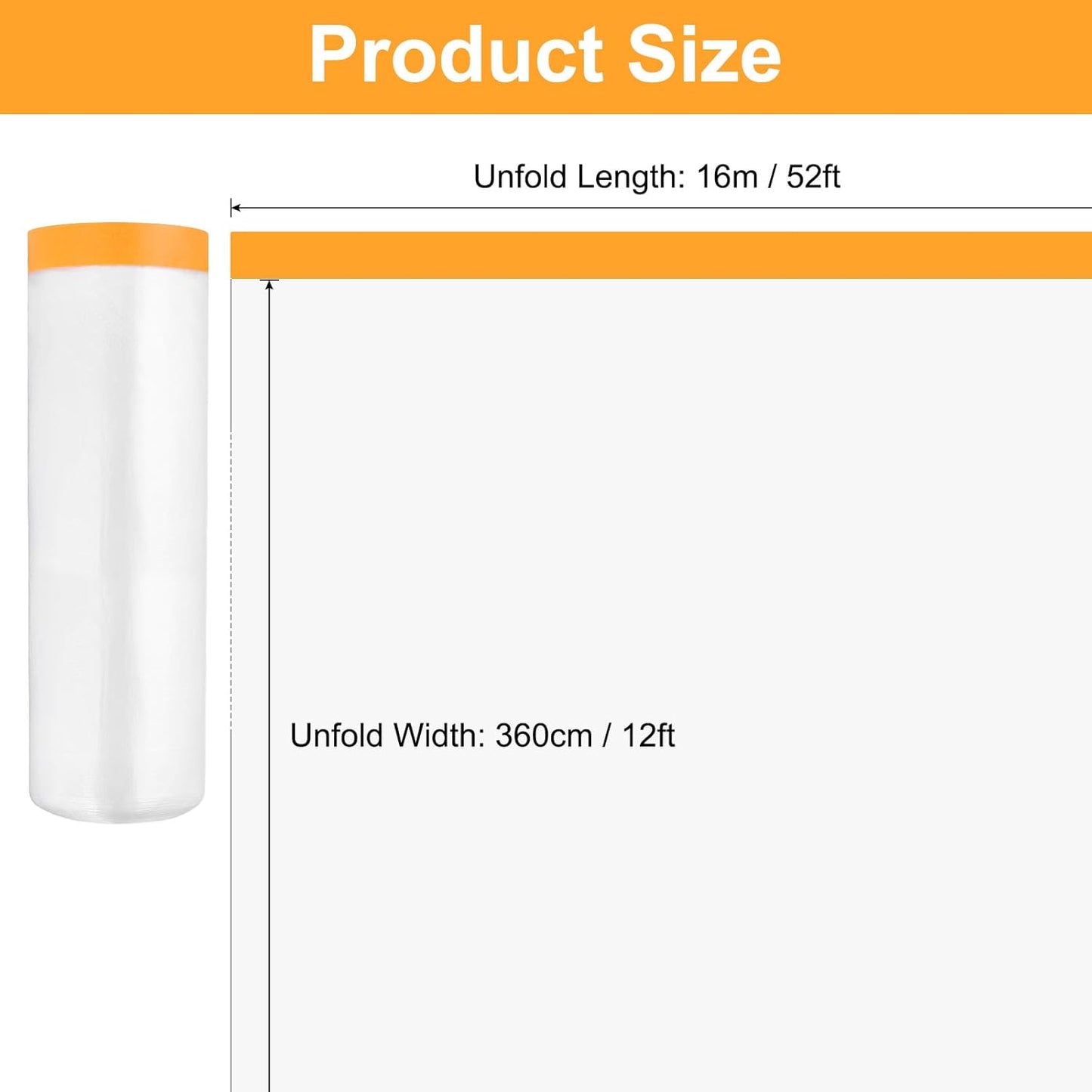 uxcell 2 Rolls Painters Plastic with Tape, 12 x 52 Ft Pre-Taped Masking Film Tape and Plastic Film Paint Plastic Covering Roll for Covering Skirting, Frames and Auto Body, Yellow/Clear