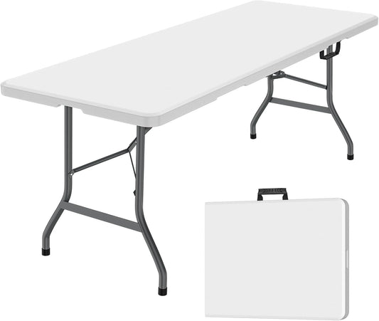 Generic 6 ft Folding Table, Portable Heavy Duty HDPE Fold-in Table, Lightweight Folding Table, Foldable Plastic Card Table for Party, Dining, Barbecue, Board Game with Carrying Handle - White