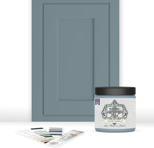 ALL-IN-ONE Paint, Durable cabinet and furniture paint. Built in primer and top coat, no sanding needed. Includes our 30 featured color card - Irish Garden (blue green), 8oz Sample
