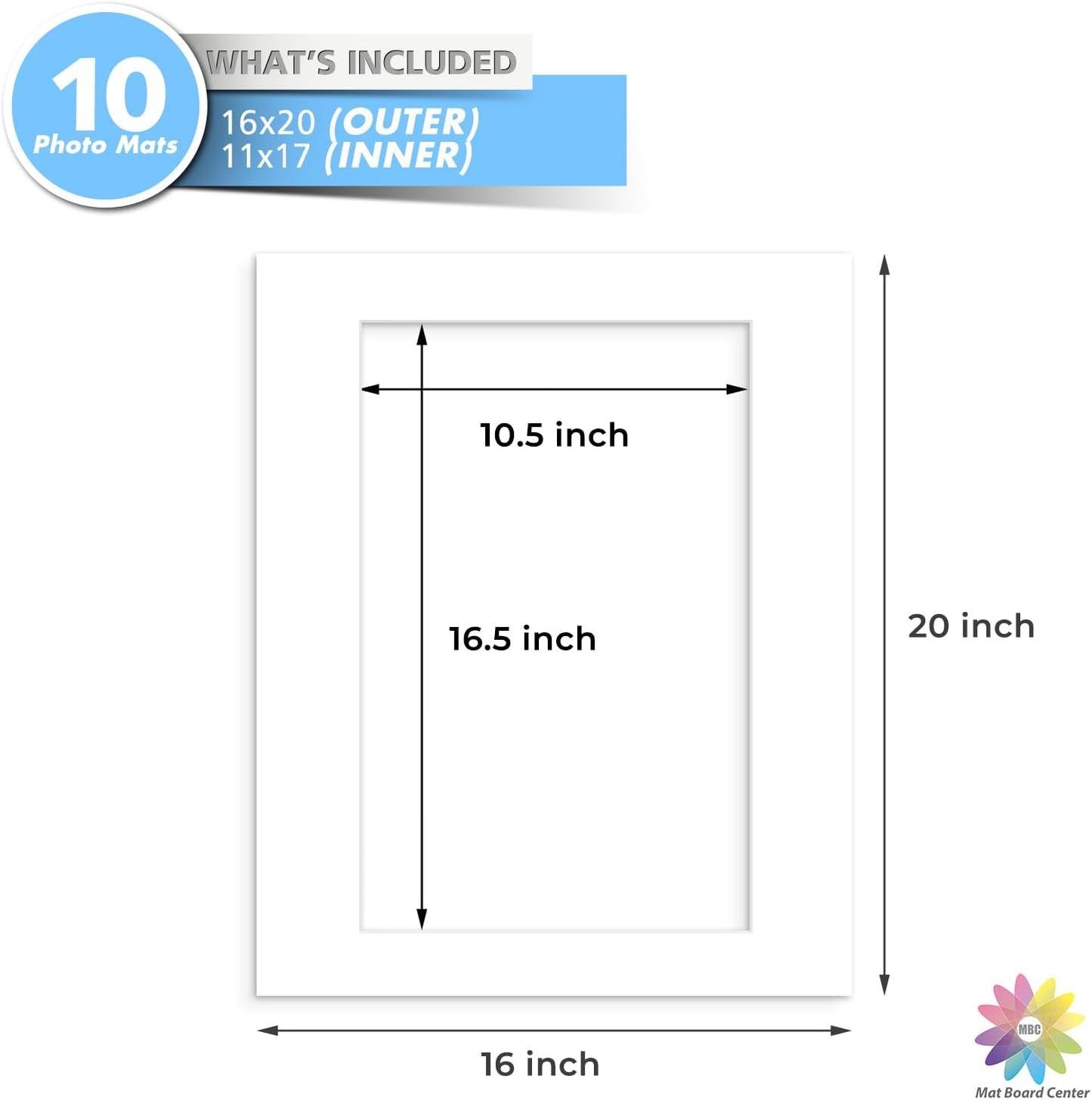 MBC MAT BOARD CENTER, 10 Pack 16x20 for 11x17 White Picture Mats Frame Mattes, Bevel Cut, Acid Free, 4-ply Thickness