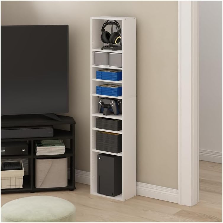 Adjustable Shelves Multimedia Storage Tower Rack with Spacious Media Organization, Durable Design, Versatile Rack for DVDs, CDs, Games, and More White/8 Tier Narrow
