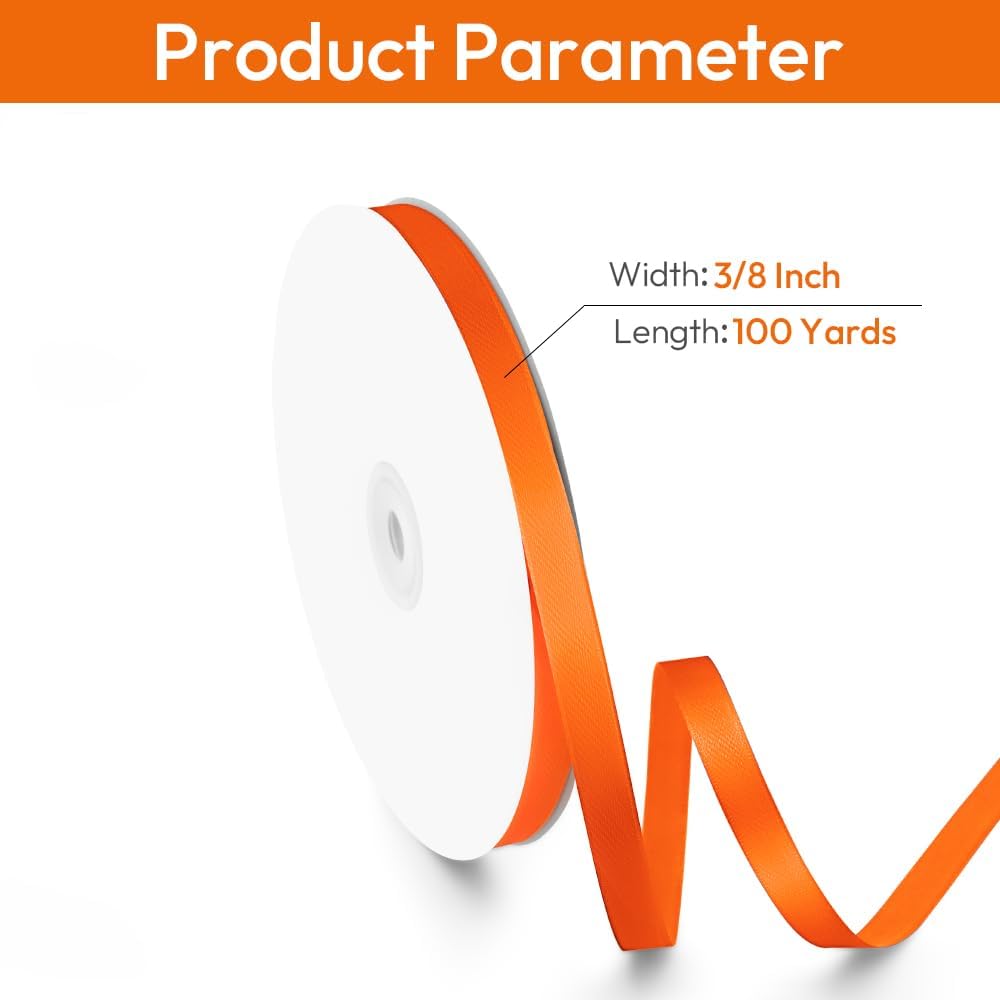 3/8" x 100 Yards Orange Ribbon, Orange Satin Ribbons for Gift Wrapping, DIY Craft, Flower Bouquet, Valentine's Day, Halloween and Birthday Party Decoration