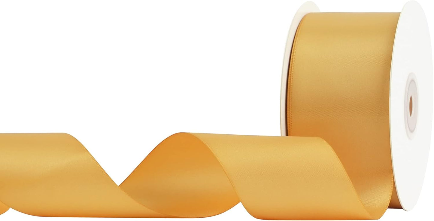 HUIHUANG Old Gold Satin Ribbon - 2 inch Wide Double Face Gold Silk Like for Wedding, Crafts, Gift Wrapping, Christmas Decor, Bows - 25 Yards/Roll