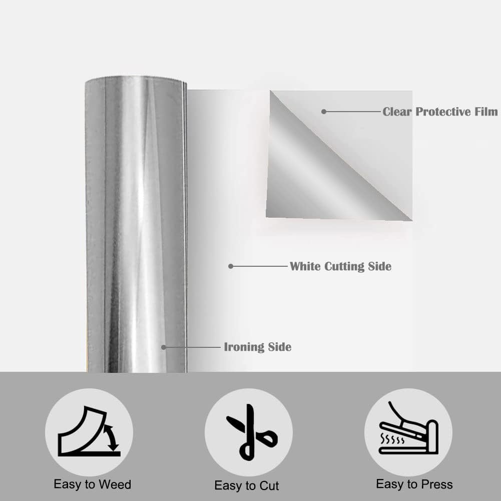 Tvinyl Warehouse Silver HTV Foil Heat Transfer Vinyl Roll 12" x 6FT for T-Shirt, Compatible with All Cutters