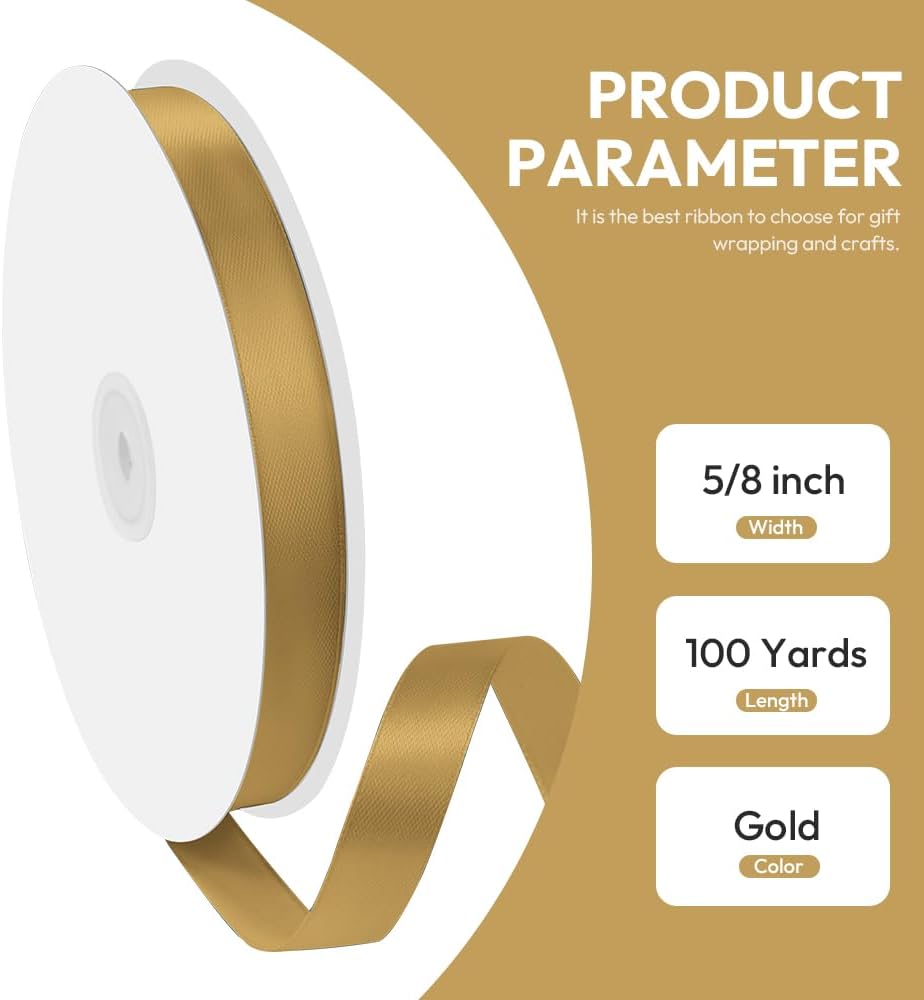 5/8" x 100 Yards Satin Ribbon - Gold Silk Ribbon with Spool - Ideal for Gift Wrapping, Floral Bouquets, Crafts, Wedding Party Decorations, Christmas and Sewing Projects