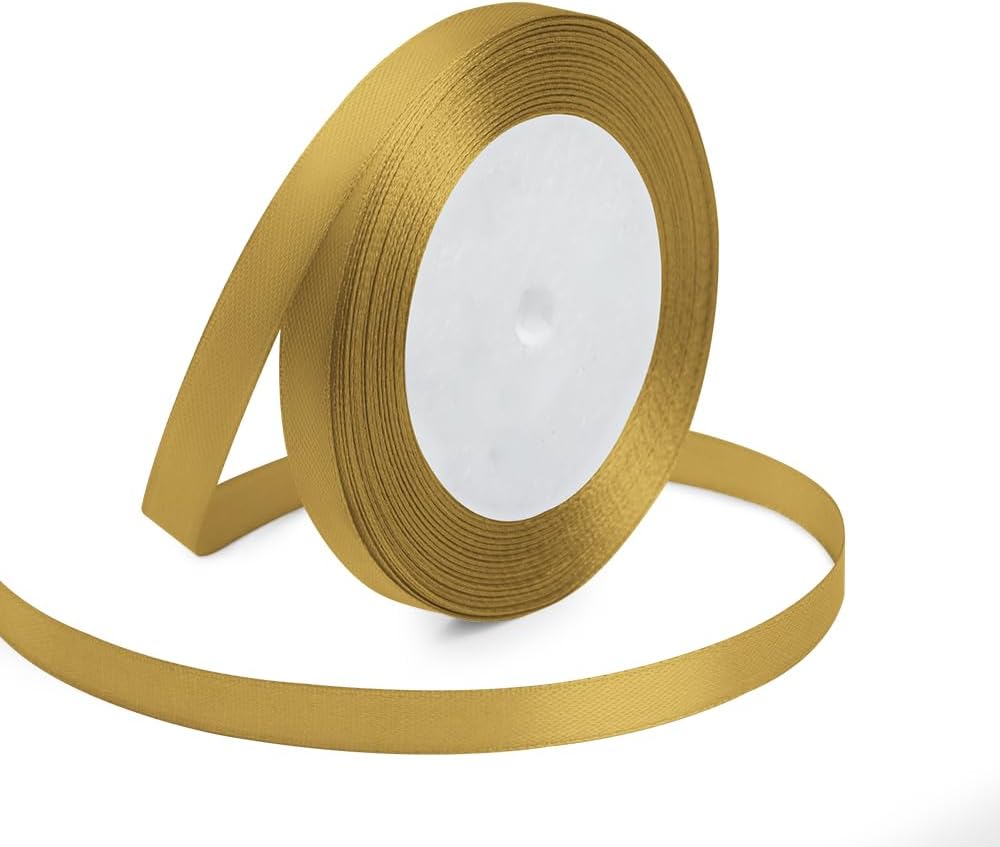 KMER LIFE 3/8 Inches x 25 Yards Golden Satin Ribbon Solid Fabric Ribbons for Crafts, Wedding Decor, DIY Hair Accessories, Sewing, Gift Package Wrapping, Valentine's Day Bouquet and More
