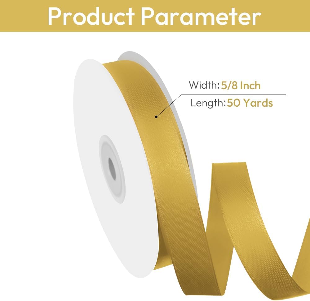 5/8" Width x 50 Yards Satin Fabric Ribbon, Gold Ribbon Perfect for DIY Bows, Swags, Gift Wrapping, Craft, Flower Bouquet，Christmas and Party Decoration