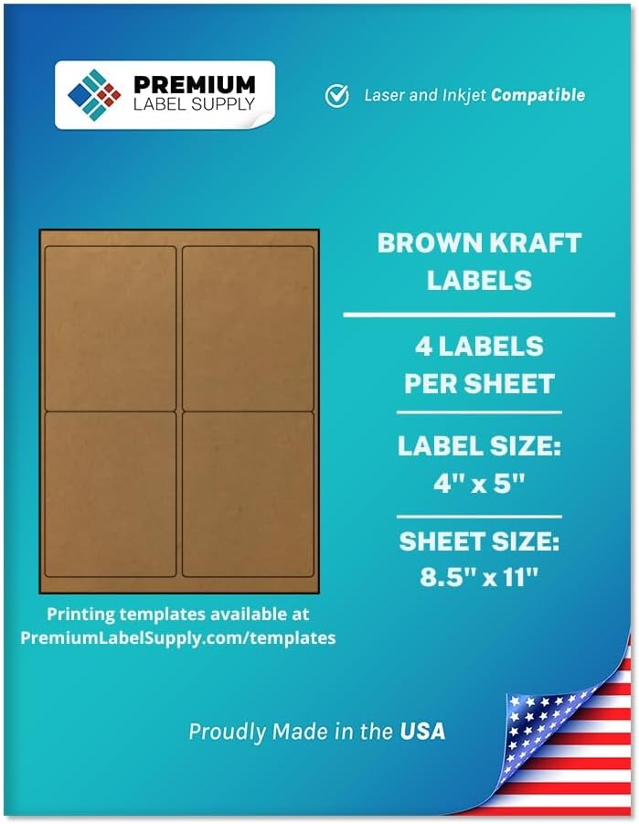 Premium Label Supply Brown Kraft Sticker Labels – 4" x 5" – Laser/Inkjet Compatible – (4 per Sheet), 1000 Sheets – 4,000 Total Adhesive Labels