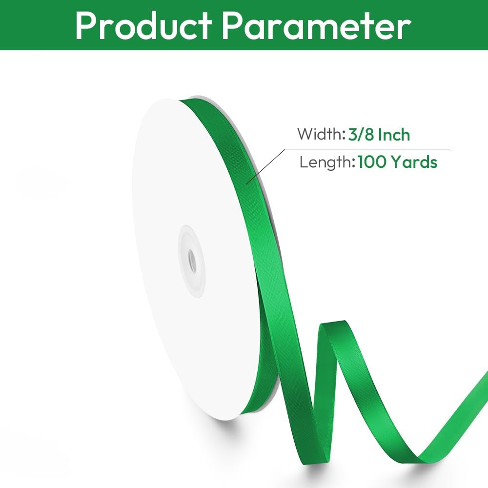 3/8" Width x 100 Yards Satin Ribbon, Small Green Ribbon Perfect for DIY Craft, Bows, Gift Wrapping, Flower Bouquet, Valentine's Day, Christmas and Party Decoration