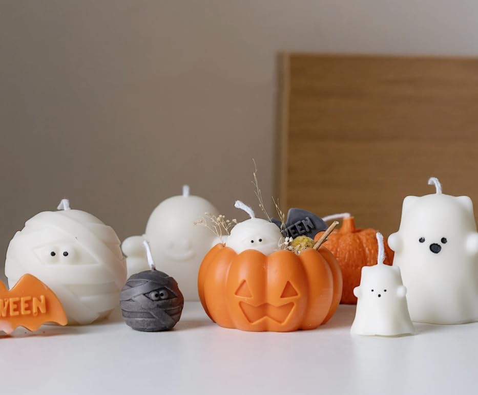 3 Pcs Halloween Candle Silicone Molds Set, DIY Letter Bat, Mummy Ball and 3D Pumpkin Container Mould for Candle Making, Wax Gypsum Ornament Resin Soap Chocolate Mold Home Decor