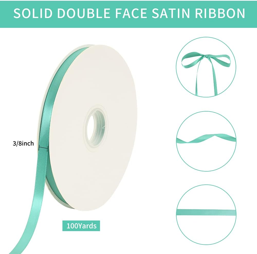 TONIFUL 3/8 Inch x 100yds Turquoise Aqua Blue Satin Ribbon Thin Solid Fabric Ribbons Roll for Gift Wrapping Invitation Floral Hair Balloons Craft Party Wedding Decoration Valentine's Day Bouquet