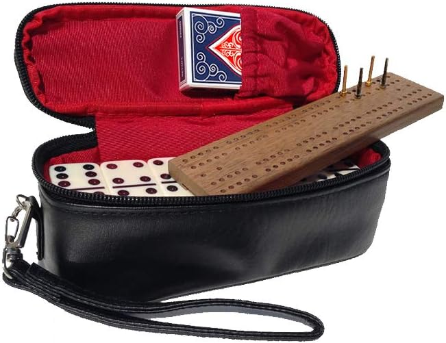 Alex Cramer The Perfect Traveler Classic Domino Set with Leather-Look Travel Case and a Deck of Miniature Playing Cards (Domino Set)