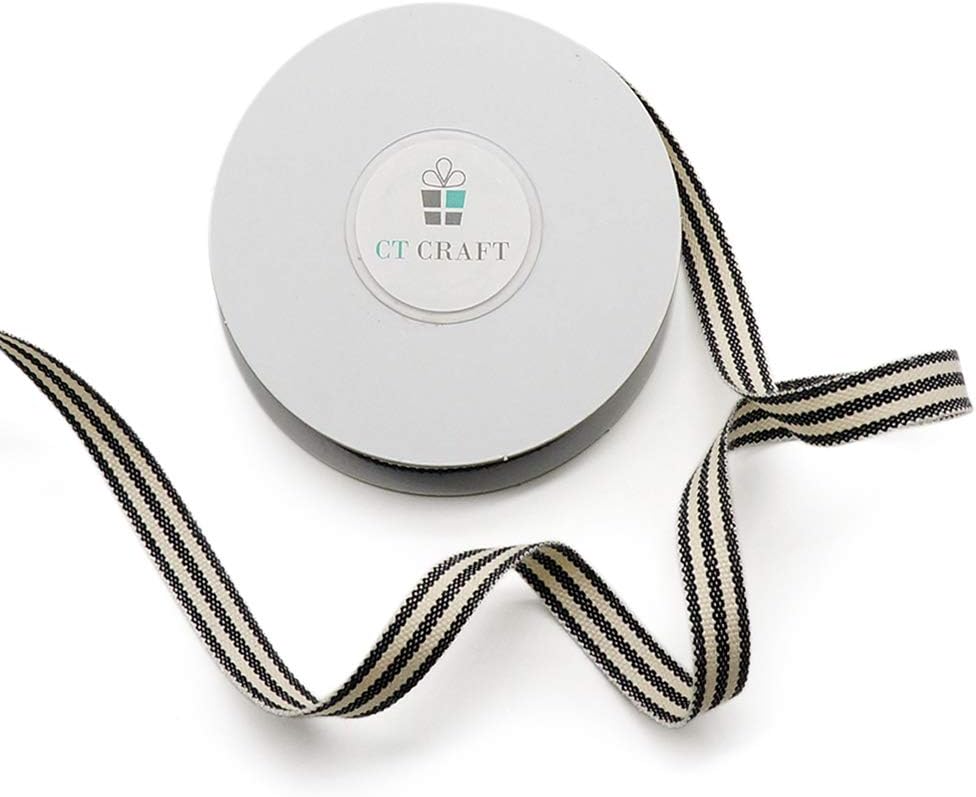 CT CRAFT LLC Ivory Cotton Black Stripes Ribbon 3/8" x 10 Yards for Home Décor Gift Present Wrapping DIY Crafts Birthday Wedding Bouquet Christmas