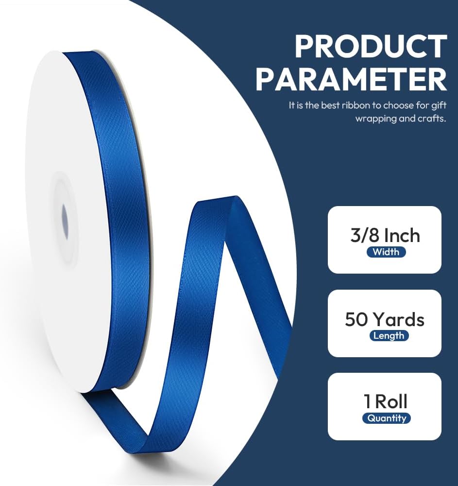3/8" x 50 Yards Satin Ribbon - Navy Blue Silk Ribbon with Spool - Ideal for Gift Wrapping, Floral Bouquets, Crafts, Wedding Party Decorations, Christmas and Sewing Projects