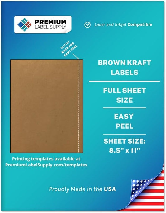 Premium Label Supply Brown Kraft Full Sheet Sticker Labels – 8.5" x 11" – Laser/Inkjet Compatible – 1000 Sheets