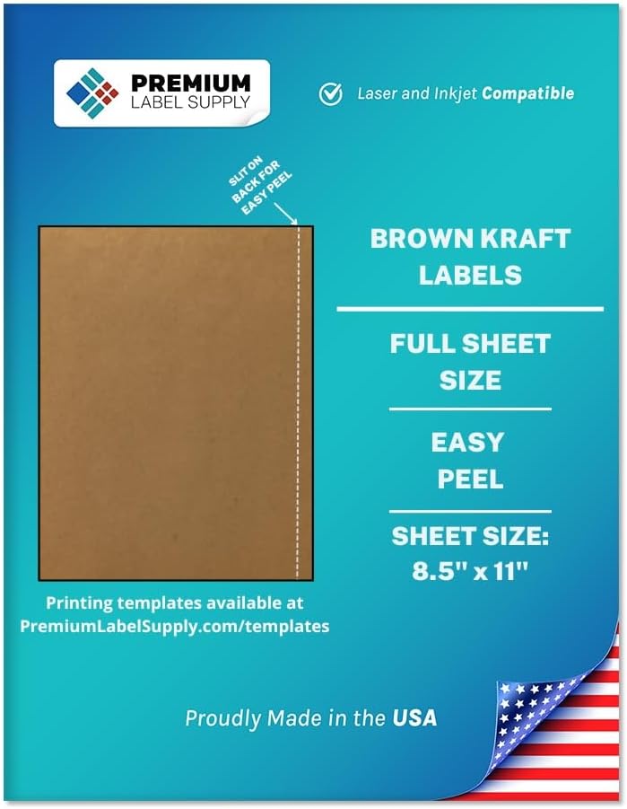 Premium Label Supply Brown Kraft Full Sheet Sticker Labels – 8.5" x 11" – Laser/Inkjet Compatible – 500 Sheets