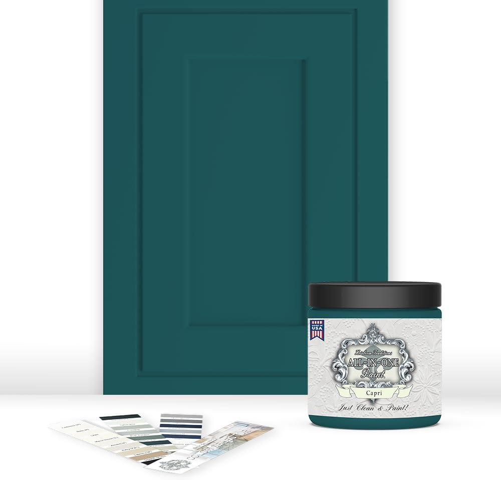ALL-IN-ONE Paint, Durable cabinet and furniture paint. Built in primer and top coat, no sanding needed. Includes our 30 featured color card - Capri (green teal), 8oz Sample