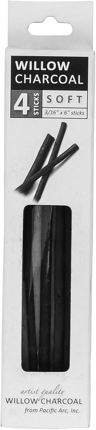 Pacific Arc Large Willow Charcoal Stick 4/Pkg, Soft, Black, Willow Charcoal for Sketching and Drawing