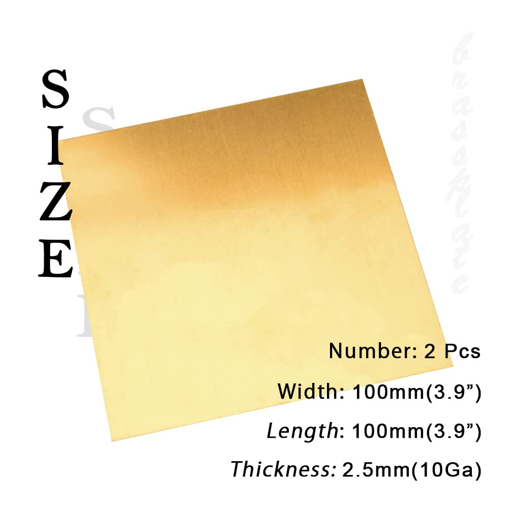 10 Gauge Brass Sheet，H62 Brass Plates Metal 0.098" Thickness x 3.9" Width x 3.9" Lenght, for Models, Crafts, Repairs, Electrical, 2Pcs