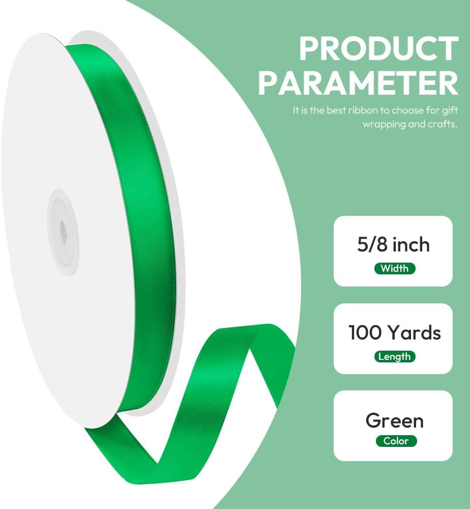 5/8" x 100 Yards Satin Ribbon - Green Silk Ribbon with Spool - Ideal for Gift Wrapping, Floral Bouquets, Crafts, Wedding Party Decorations, Christmas and Sewing Projects