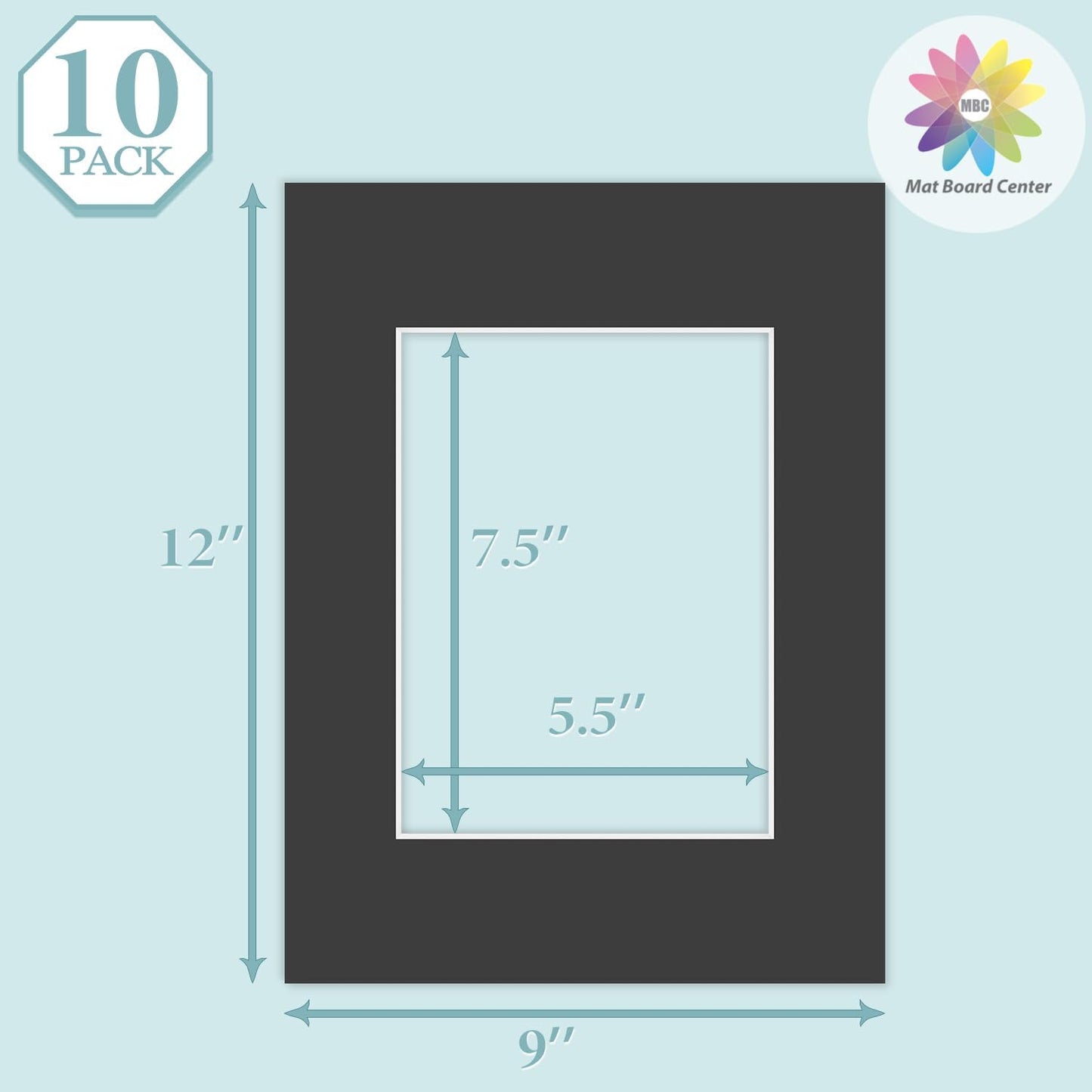 MBC Mat Board Center, 10 Pack 9X12 for 6X8 Black Picture Mats Frame Mattes, Bevel Cut, Acid Free, 4-Ply Thickness