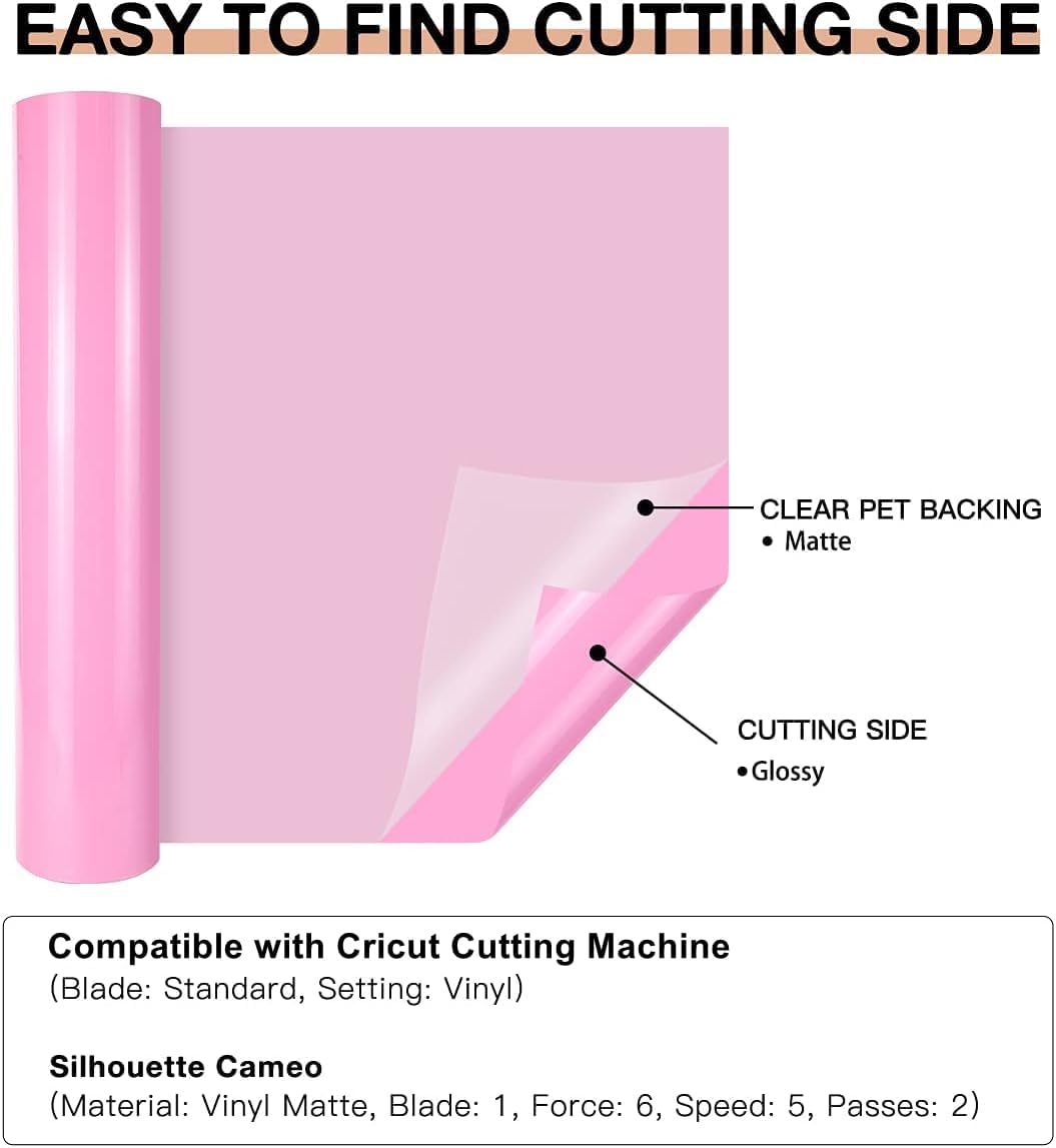 HTVRONT Pink Permanent Vinyl, 12" x 40 FT Adhesive Permanent Vinyl Roll for All Cutting Machine, Silhouette, Cameo Cutters, Signs, Scrapbooking, Craft, Die Cutters (Glossy Pink)