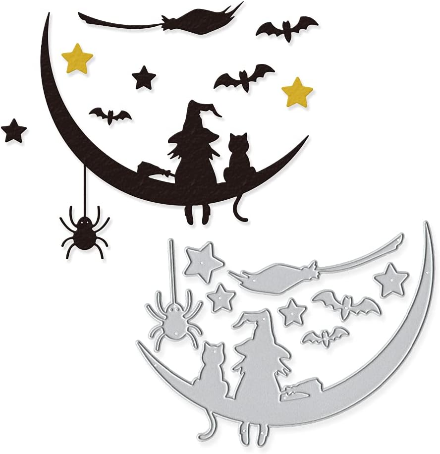 Metal Halloween Die Cuts Moon Cat Spider Star Witch Cutting Dies Embossing Stencil Template for Card Making Scrapbooking Paper Craft Album Stamps DIY Halloween Décor