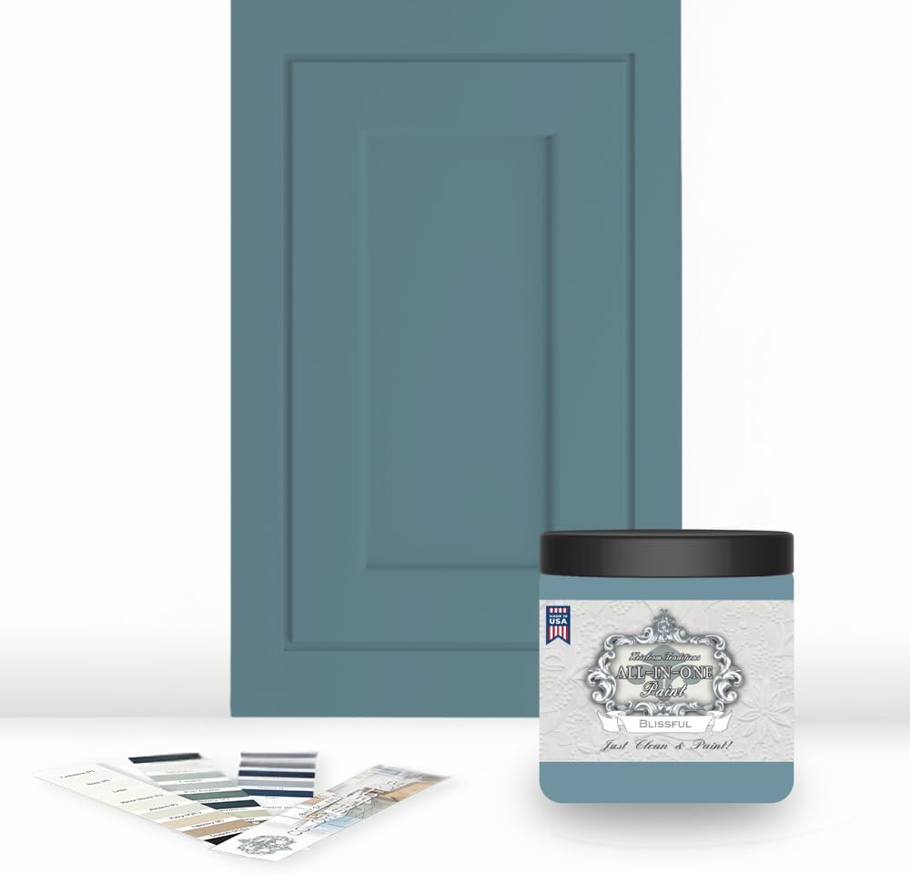ALL-IN-ONE Paint, Durable cabinet and furniture paint. Built in primer and top coat, no sanding needed. Includes our 30 featured color card - Blissful (french blue), 8oz Sample