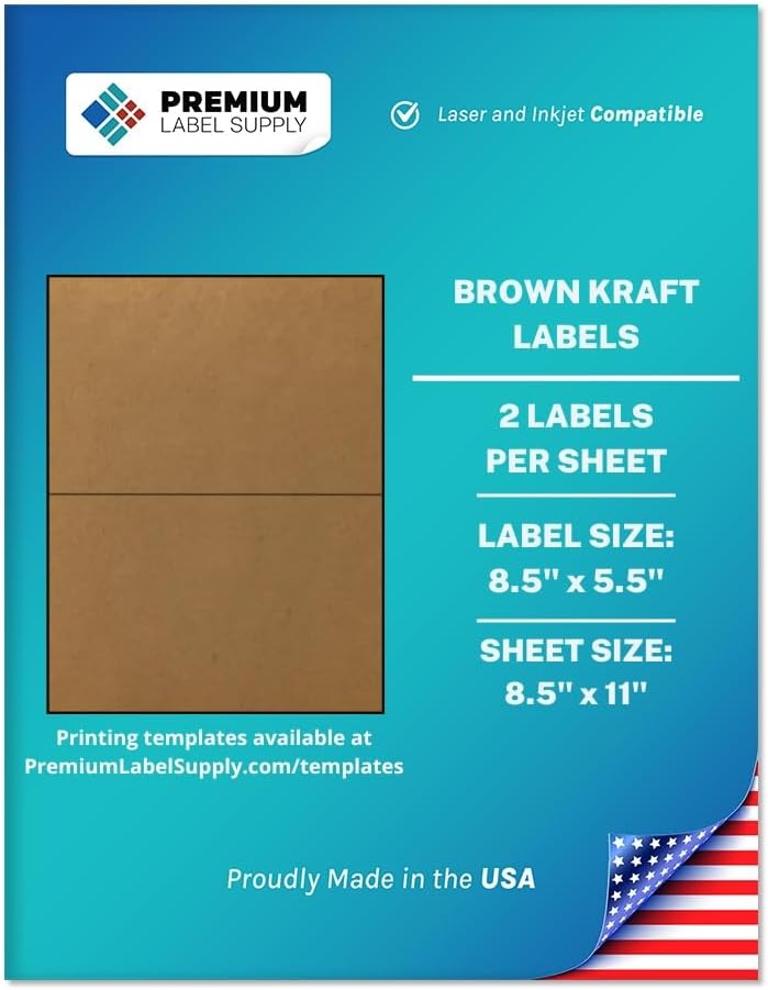 Premium Label Supply Brown Kraft Sticker Labels – 8.5" x 5.5" – Laser/Inkjet Compatible – (2 per Sheet), 1000 Sheets – 2,000 Total Adhesive Labels