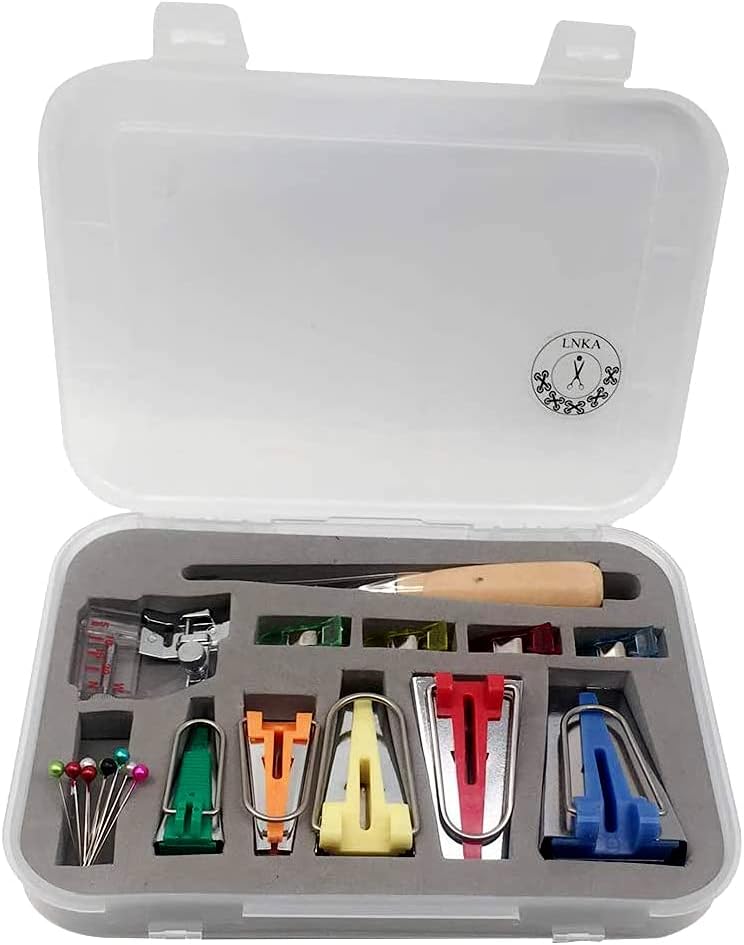 Bias Tape Maker Set,LNKA 5 Sizes 1/4" 3/8" 1/2" 3/4" 1" Bias Maker Kits with Instruction, Binding Foot,Awl,Clips, Bead Needles- for quiltmaking and Fabric fold bias Strips