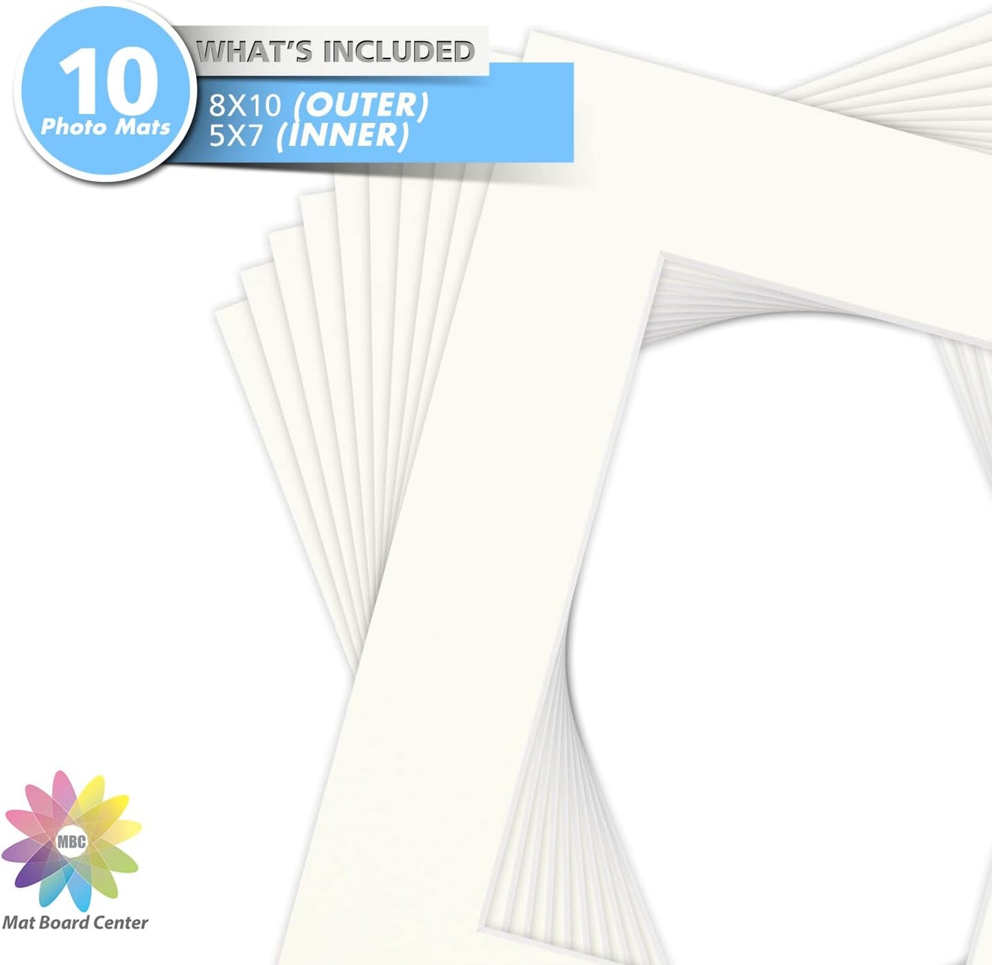 Mat Board Center, Pack of 10, 8x10 for 5x7 Ivory Turret Color Mats - Bevel Cut, Acid Free, 4-ply Thickness, White Core - for Pictures, Photos, Framing