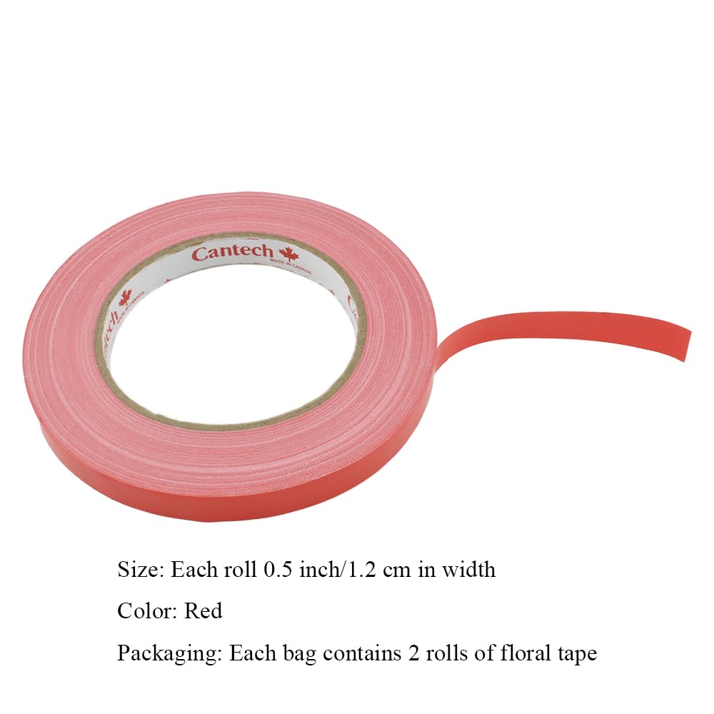 HAHIYO Red 0.5Inch Wide Floral Tape, Waterproof Florist Tape Flower Wrap Adhesive Waterproof Decorative Tape for Bouquet Stem Wrapping Flower Arranging and Floral Craft, 2Rolls 200Feet/66Yard